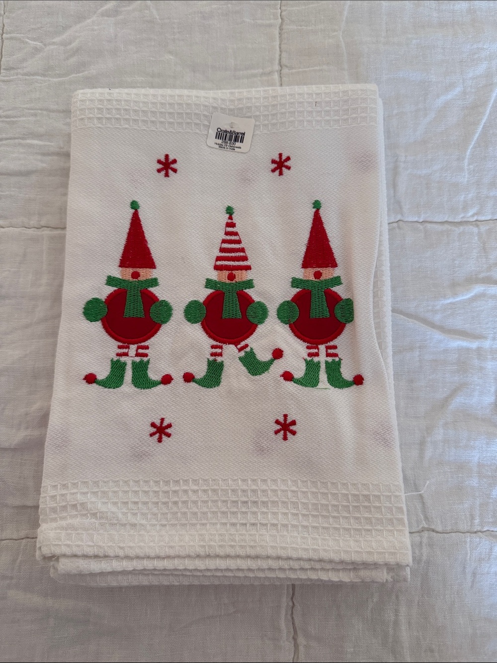 Set of 2 Crate&Barrel White Holiday Elf Tea Towel with Red and Green Embroidery